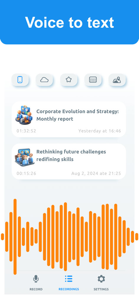 Transcribe Audio to Text – AI - Interfaz de la aplicación Transcribe Audio to Text AI que muestra una lista de grabaciones guardadas con títulos de reuniones y formas de onda de audio