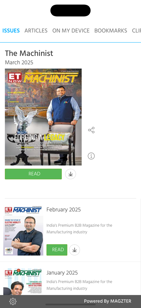 The Machinist - The Machinist app interface showing a list of digital magazine issues for the manufacturing industry