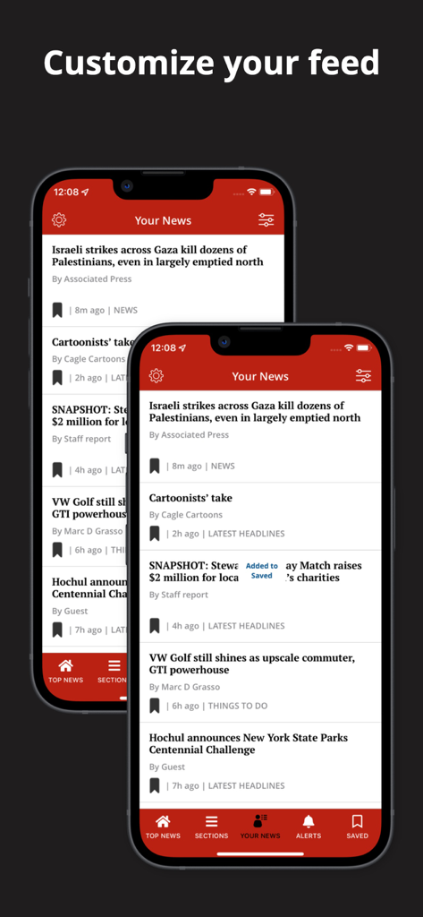 Interfaz de la aplicación Oneida Dispatch que muestra un feed de noticias personalizado con titulares y opciones de navegación.