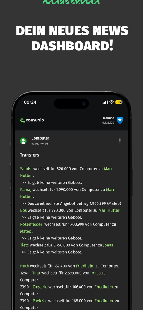 Comunio mobile app news dashboard displaying a live transfer feed with player names and prices.