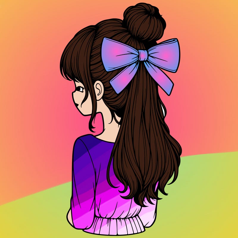 realistic girl  with hip length hair a bun and a big bow on the back of head