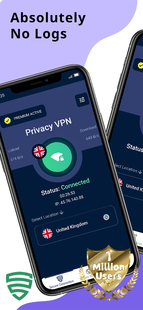 Screenshot dell'iPhone dell'app Privacy VPN che mostra una connessione sicura a un server UK con una politica di non registrazione e un badge di un milione di utenti