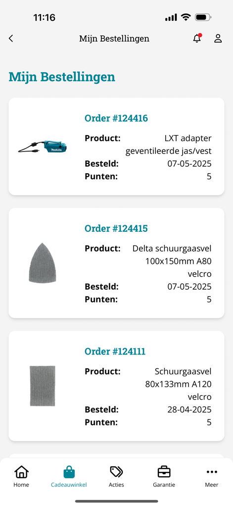 My Makita app screen displaying a list of recent orders for tools and accessories