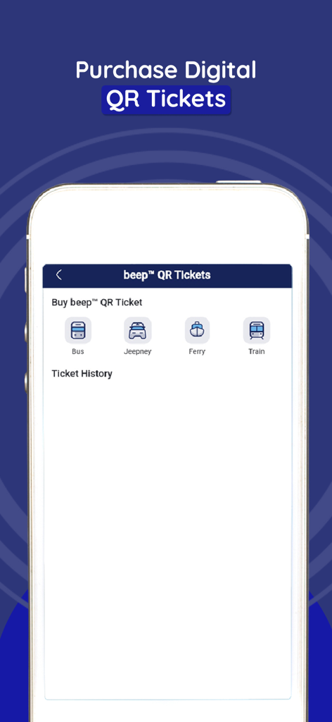 Interface of the beep app showing options to purchase digital QR tickets for bus jeepney ferry and train