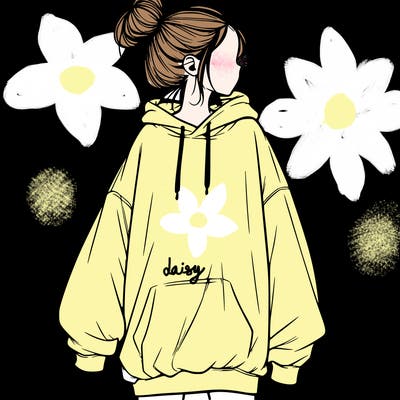 realistic girl with a oversized sweatshirt on and a bun