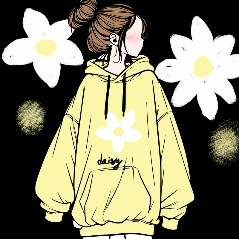 realistic girl with a oversized sweatshirt on and a bun