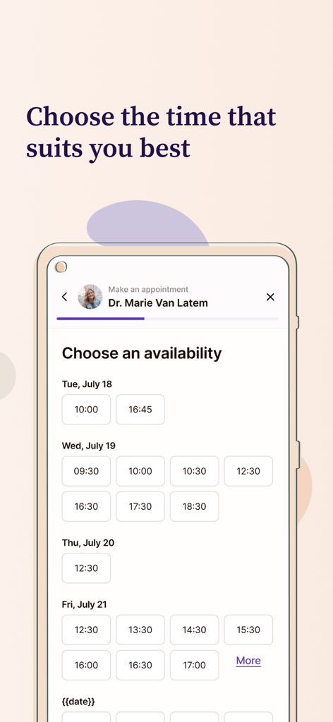 Rosa - Rosa app interface for selecting a medical appointment time slot with a doctor