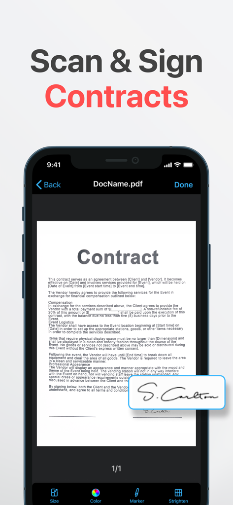 PDF Scanner: App for Documents - Tela do iPhone mostrando um contrato digital sendo assinado com uma assinatura eletrônica no aplicativo Scanner de PDF