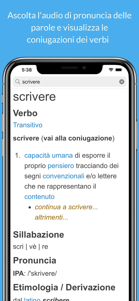 イタリア語辞書アプリのインターフェースに表示された動詞「scrivere」の定義と発音