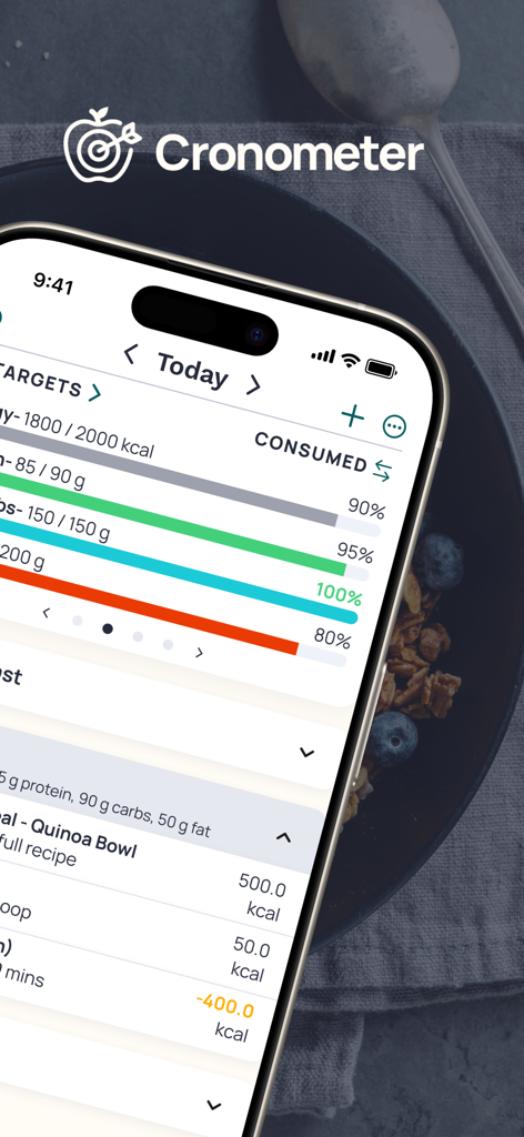 Cronometer app dashboard showing daily calorie and macronutrient progress on a smartphone