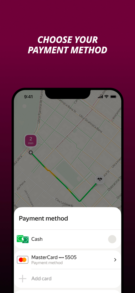 Pink Taxi Nova - Pink Taxi Nova app screen for choosing payment methods including cash and credit card