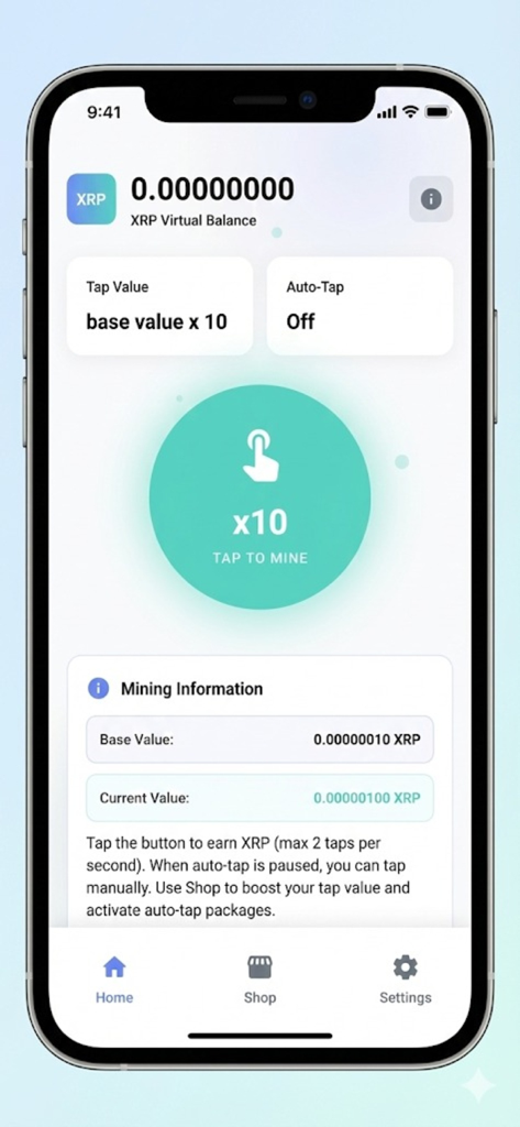 XRP Cloud Mining - TapMiner - Painel do aplicativo XRP TapMiner mostrando o saldo virtual de XRP e um botão circular para minerar.