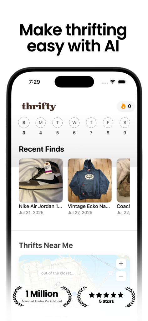 Thrifty: AI Profit Identifier - Thrifty app home screen displaying recent finds and a map of nearby thrift stores.