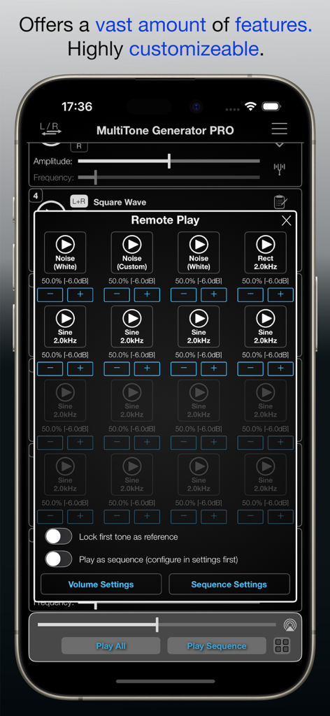 MultiTone Generator - MultiTone Generator PRO app interface displaying remote play options and audio test tones