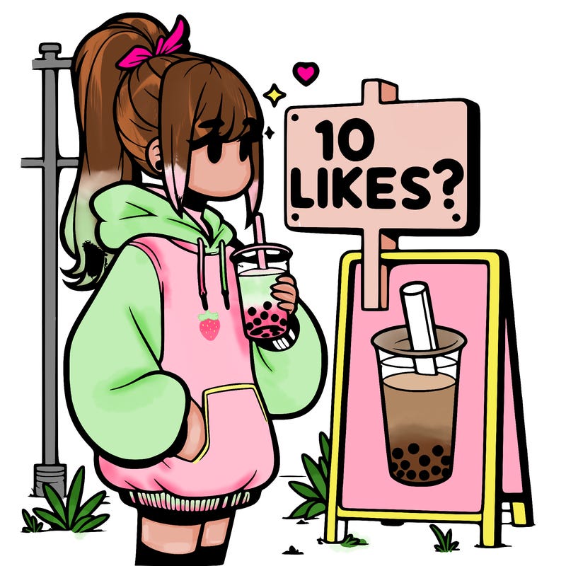 girl with oversized hoodie drinking boba and she has a high ponytail with a sign that says 10likes?
