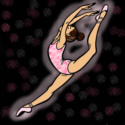 gymnast doing a leap in a leotard with a bent back leg