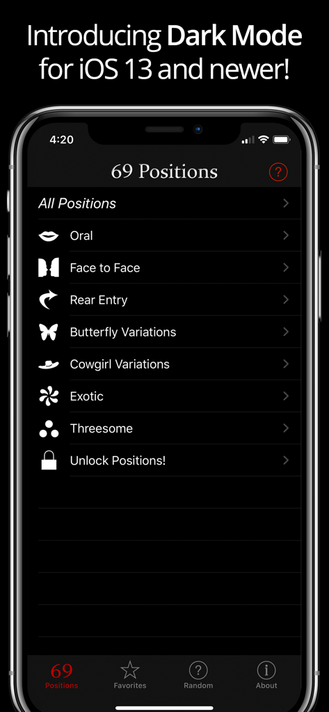 69 Positions Pro for Kamasutra - A screenshot of the 69 Positions Pro Kamasutra app displaying its category list menu in dark mode on an iPhone.