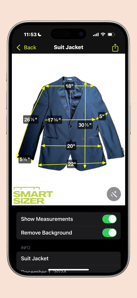 Smartsizer - Measure Clothing - Suit jacket with digital measurement overlays and background removed in Smartsizer app