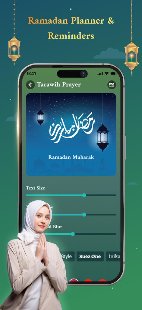 Muslim: Quran & Prayer Time - Ramadan Planner and Reminders interface in the Muslim app showing Tarawih prayer settings and UI customization