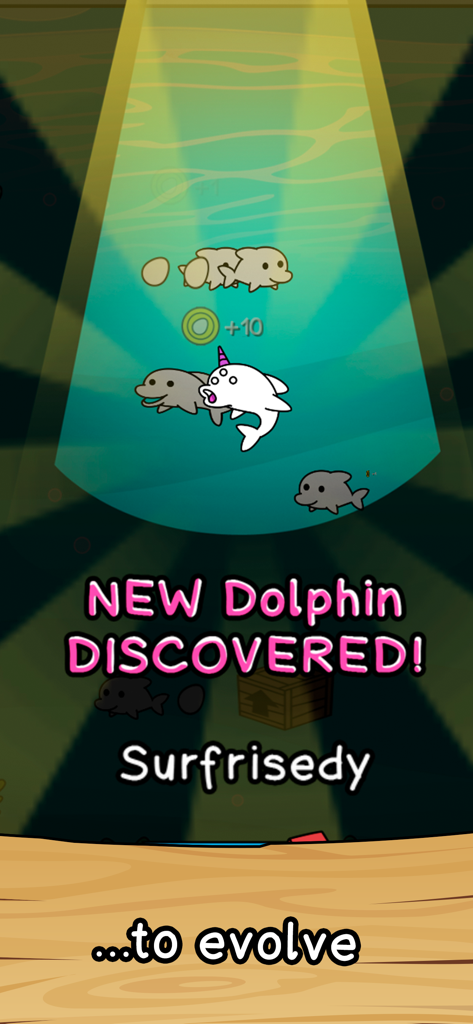 Dolphin Evolution - A screenshot of Dolphin Evolution showing a new creature discovery named Surfrisedy with a white body and a purple horn.
