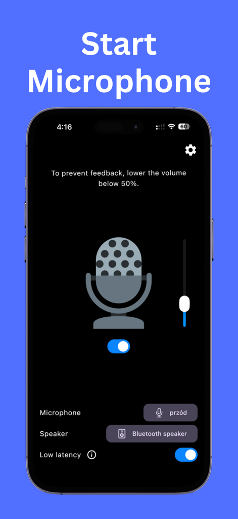 Microphone: Megi - Megiアプリのメインインターフェース。マイクアイコン、音量コントロール、Bluetoothスピーカー接続設定が表示されています。
