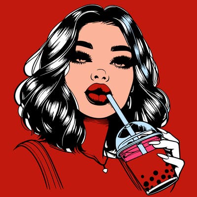 realistic girl with glossy lips holding boba