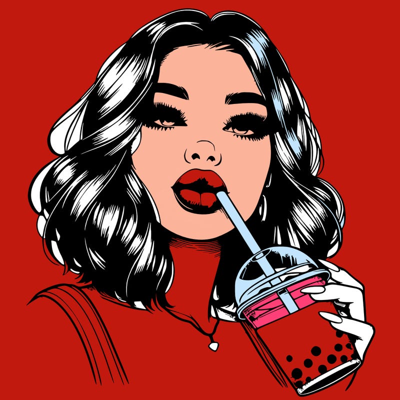 realistic girl with glossy lips holding boba
