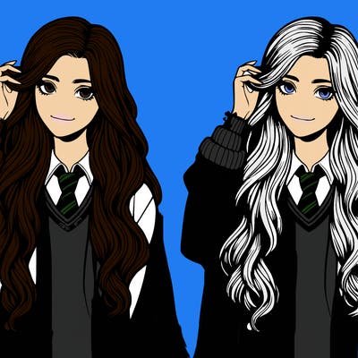 slytherin realistic long hair girl attending hogwarts school for witch’s and wizards