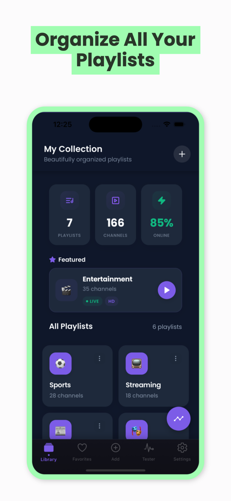 Buz Player app interface showing the My Collection screen with organized IPTV playlists and channel statistics in dark mode