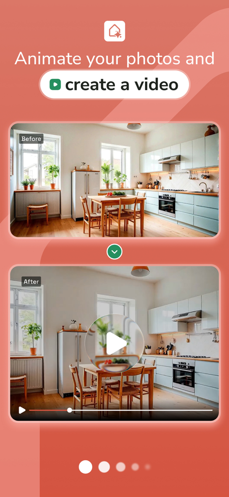 HOQI App-Oberfläche, die zeigt, wie Immobilienfotos zur Heimgestaltung in Videos animiert werden