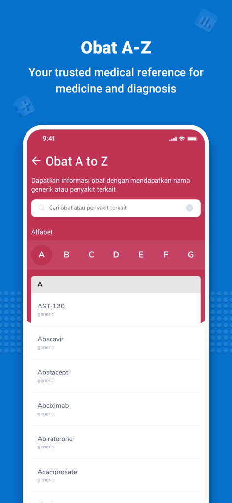 D2D (Doctor to Doctor) - Screenshot of the D2D app showing an alphabetical list of medicines and a search bar for medical professionals