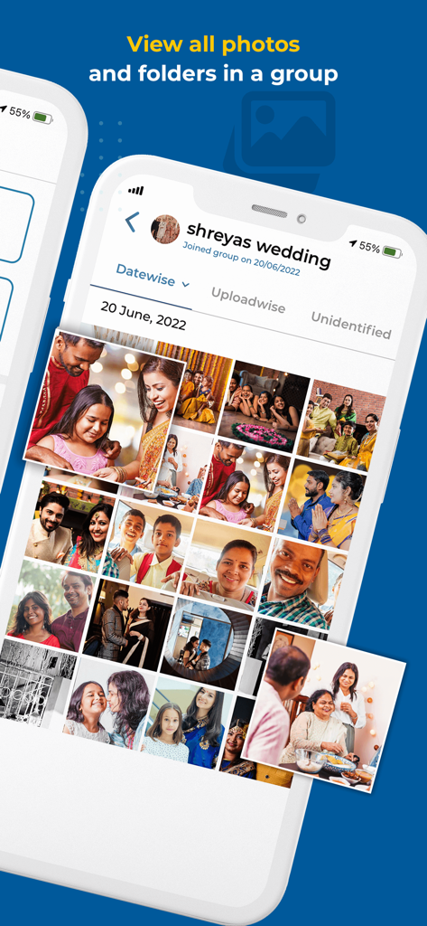 Kwikpic - Smart Photo Sharing - Kwikpicアプリインターフェース、特定のグループ内の整理された結婚式写真のグリッドを表示