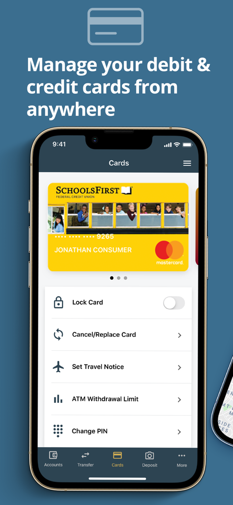 SchoolsFirst FCU Mobile - Interface de l'application mobile SchoolsFirst FCU pour la gestion des paramètres des cartes de débit et de crédit