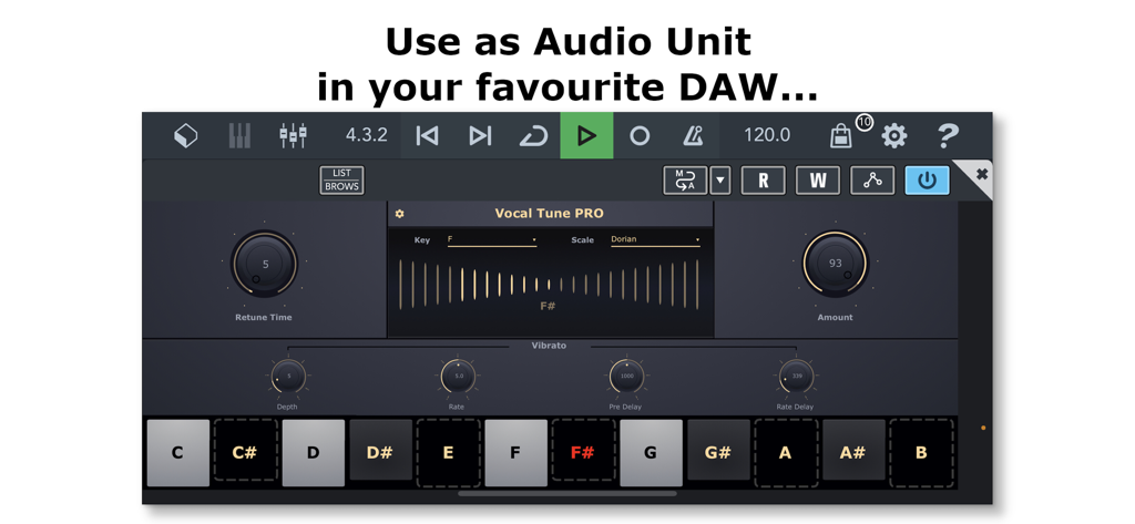 Vocal Tune PRO interface showing real-time pitch correction and vibrato settings as an AUv3 plugin within a DAW.