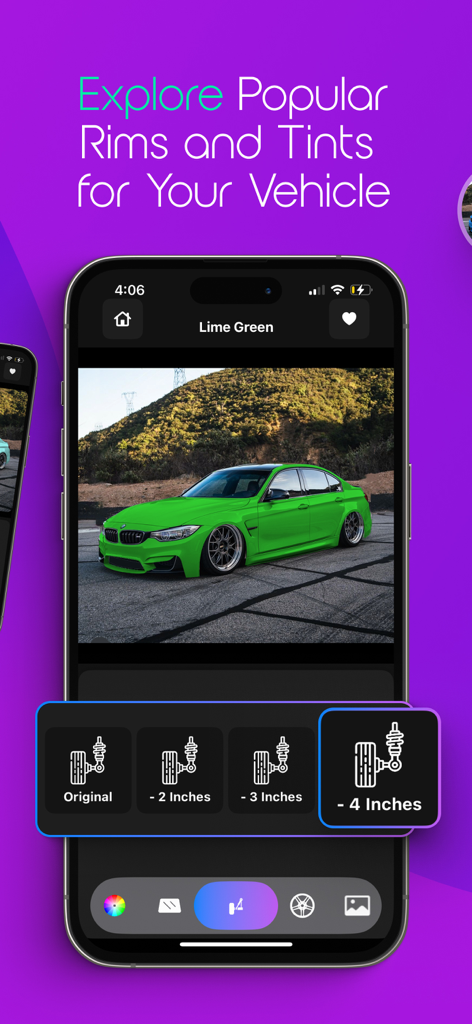 AutoStyle.AI Modify your Car - AutoStyle AI app interface visualizing a lowered lime green BMW.