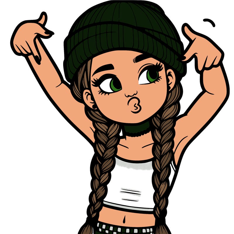 realistic teenage girl with braids and a beanie and crop top doing 🫶🏼