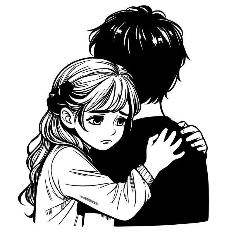 realistic sad girl being hugged by a boy