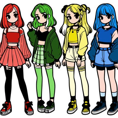 one girl with crop-top shirt and a jacket with a skirt, long socks and another girl with a shirt and pants with a jacket