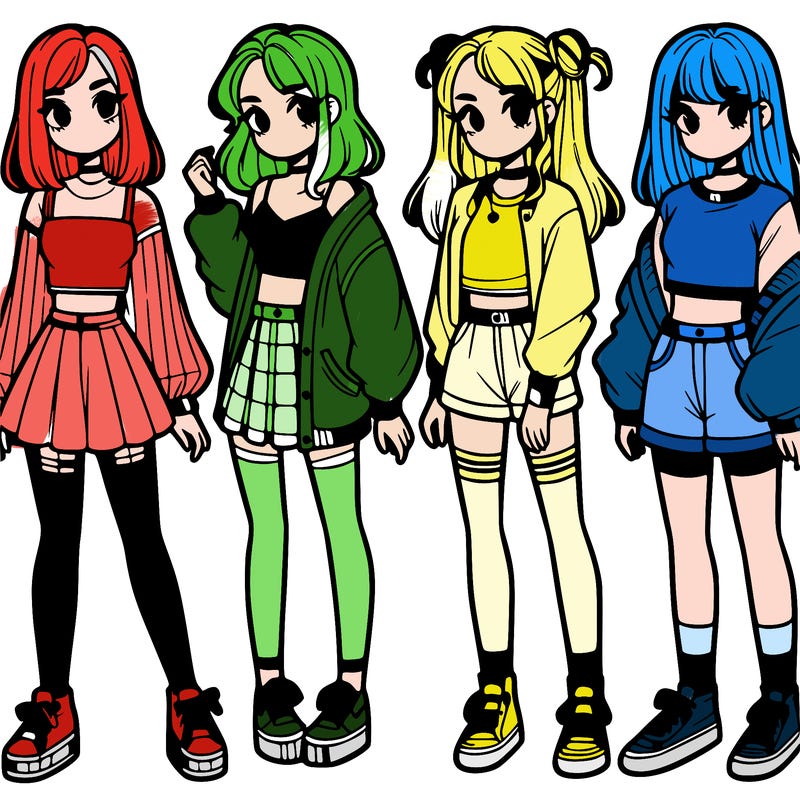 one girl with crop-top shirt and a jacket with a skirt, long socks and another girl with a shirt and pants with a jacket