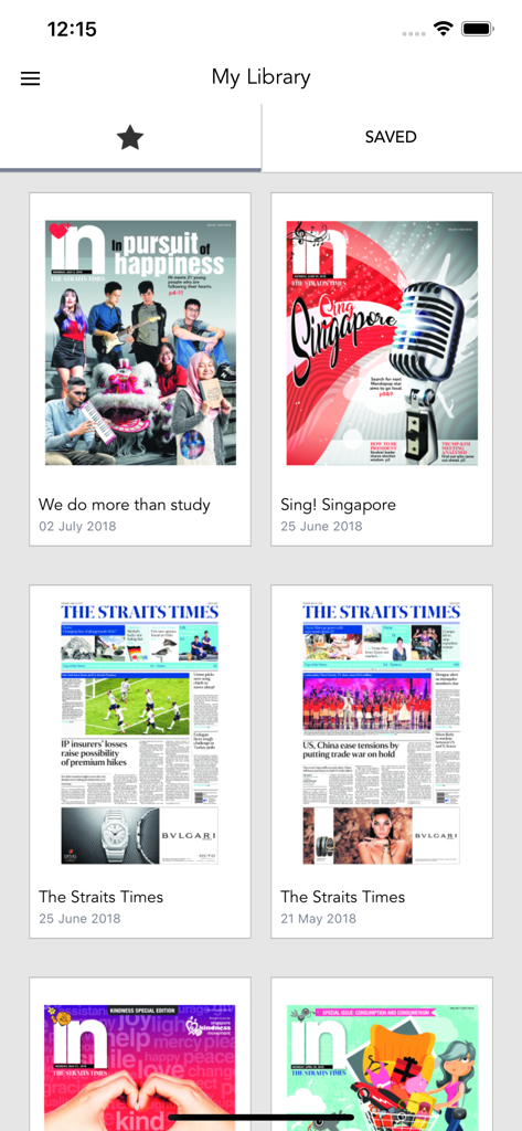 The Straits Times IN - Digital library view of The Straits Times IN app displaying saved news issues