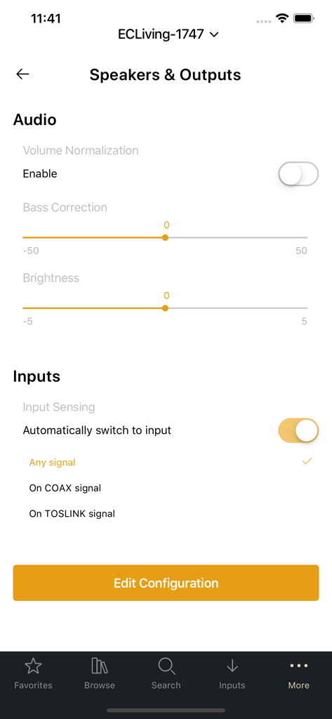 EC Play - EC Play app interface for speaker and audio settings including bass correction and input sensing configuration.