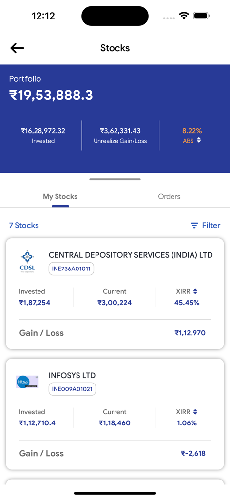 MIDASX - Mobile screen of the MIDASX app displaying a stock portfolio with total valuation and individual performance of Indian stocks like Infosys and CDSL.