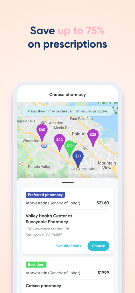 HealthTap Primary Care Doctors - Pantalla de teléfono inteligente que muestra un mapa con varias ubicaciones de farmacias y comparaciones de precios de medicamentos recetados
