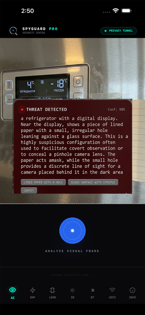 Hidden Camera Detector AI - AI visual frame detection interface identifying a suspicious hidden camera threat on a refrigerator