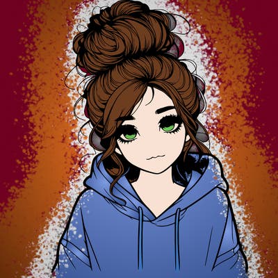 realistic girl with a massy bun and a hoodie