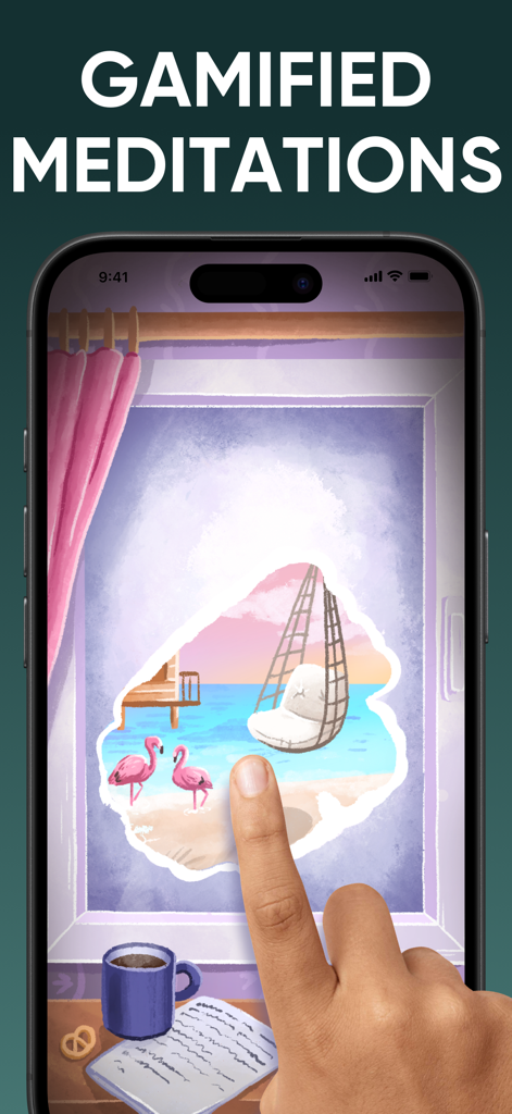 Relaxing Games by StressBall+ - A hand interacting with a gamified meditation app revealing a relaxing beach scene with flamingos
