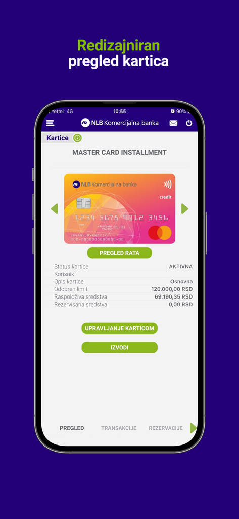 Tela de smartphone mostrando o aplicativo de mobile banking NLB mKlik com detalhes do cartão de crédito e opções de parcelamento.
