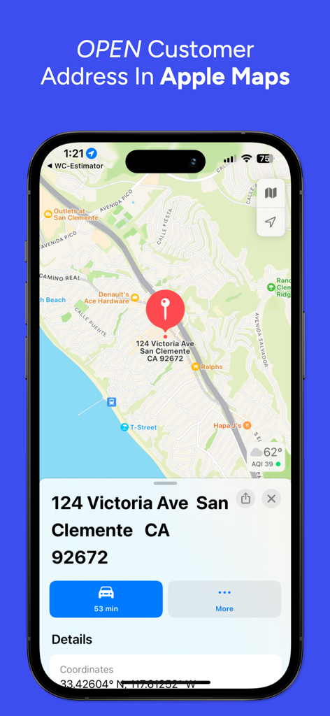 Screenshot of Window Cleaning Estimator app displaying a customer address pinned on Apple Maps with navigation options.