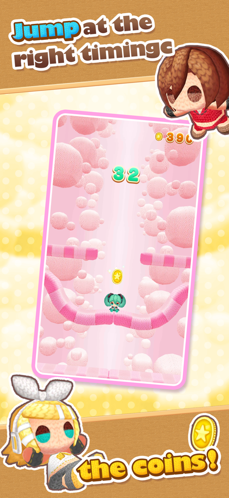 Hatsune Miku Amiguru Jump - A gameplay screen of Hatsune Miku Amiguru Jump showing a knitted Miku jumping on pink yarn platforms to collect coins.