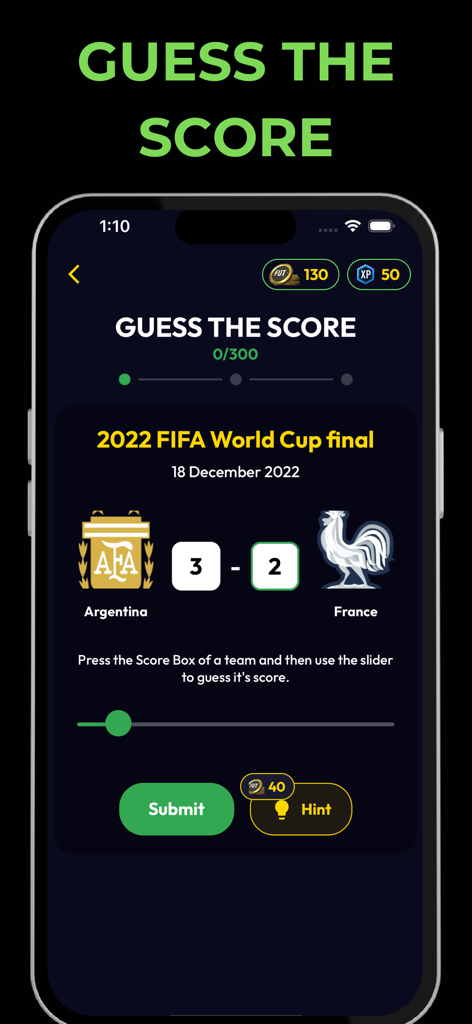 Footy Games - Football Bingo - Guess the Score game mode in Footy Games app showing the 2022 World Cup final score challenge between Argentina and France